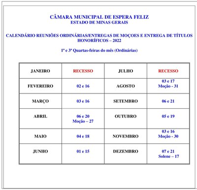 Calendário das Sessões de 2022