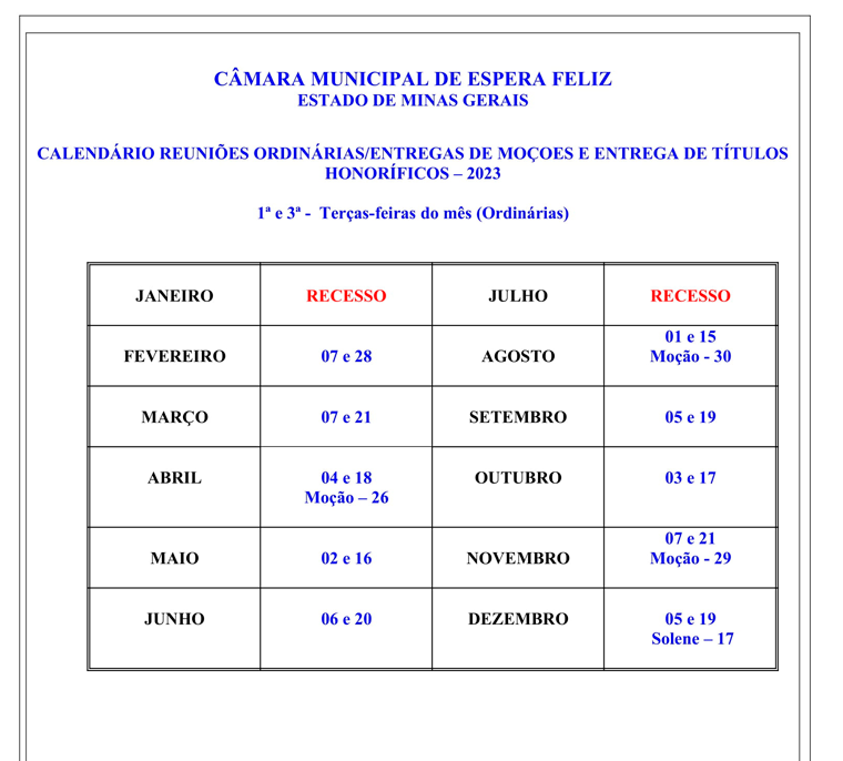 Calendário Sessões 2023