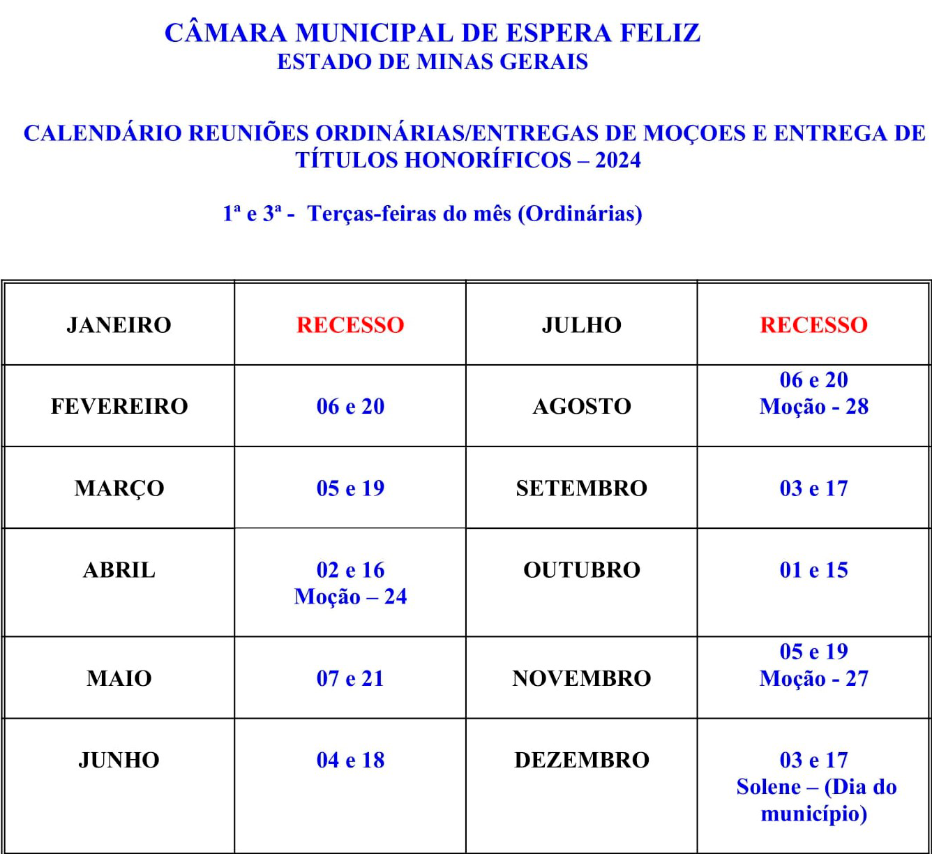 Calendário Sessões 2024