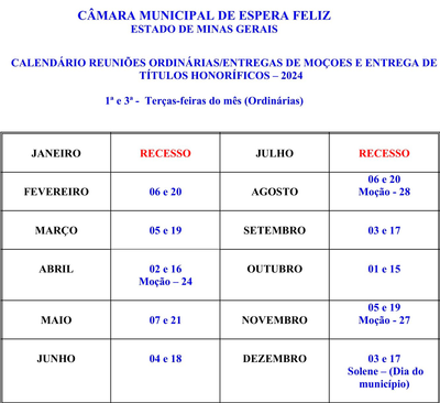 Calendário Sessões 2024